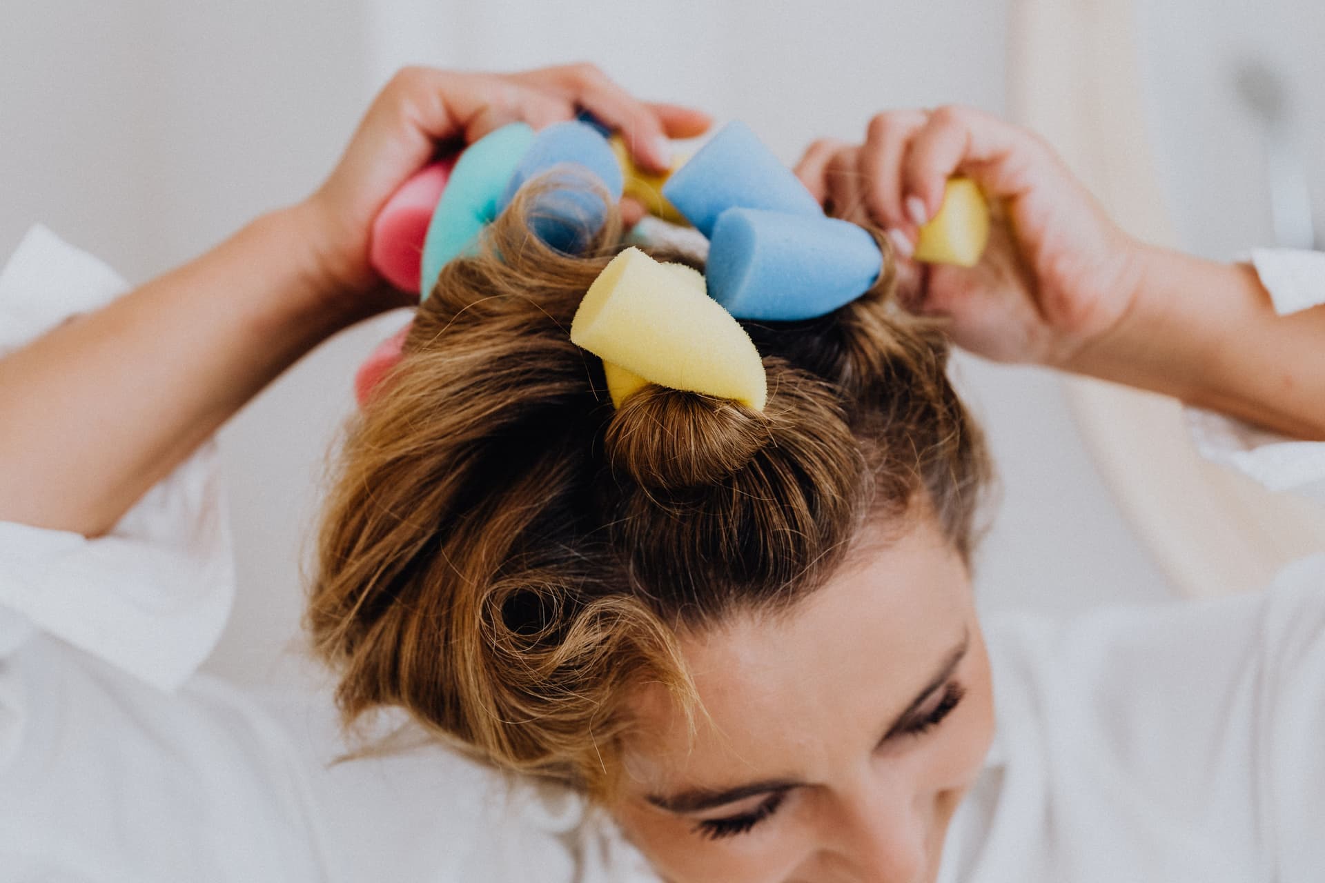 Hair set in rollers for overnight heatless styling