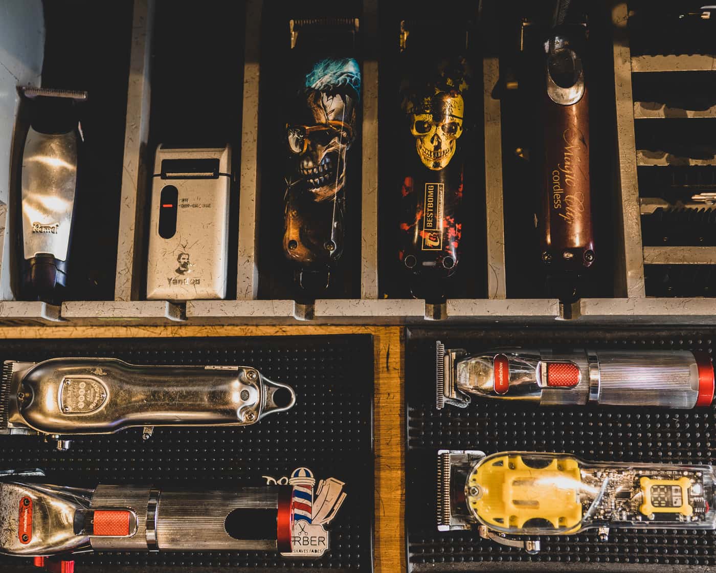 A collection of styling tools arranged on a counter