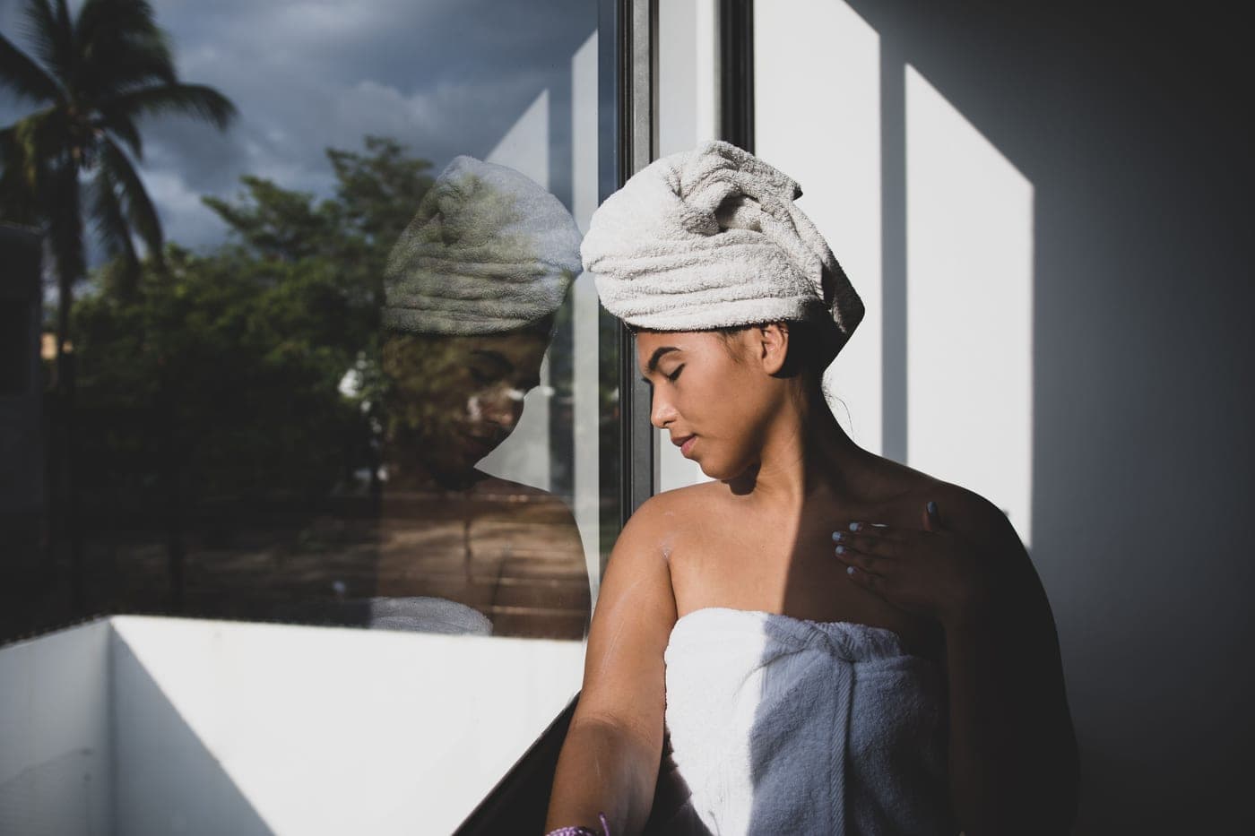 Hair wrapped in a microfiber towel